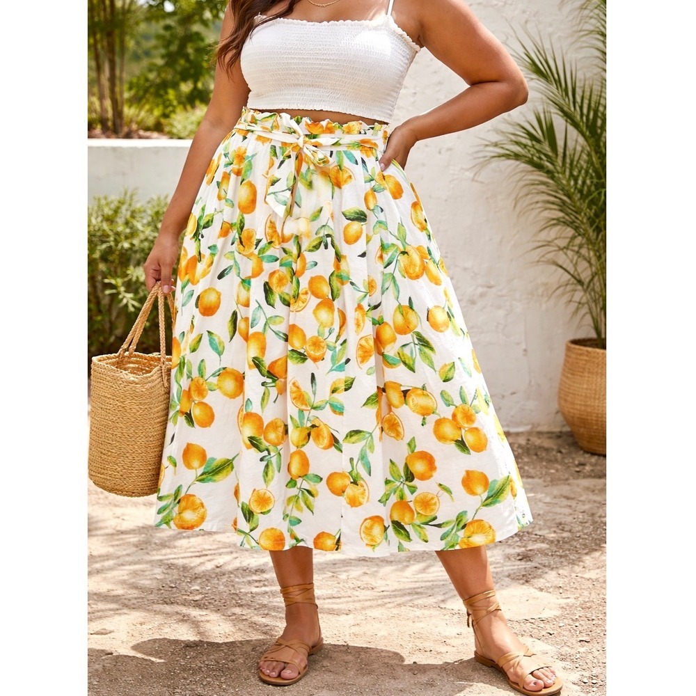 100% Cotton Midi Skirt Orange Citrus Fruit Print Tie Waist Large Summer Boho